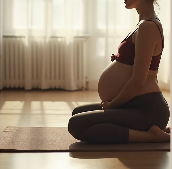 Femme enceinte pratiquant une posture douce de yoga prénatal